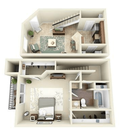 Floor plan for 1 bed, 1 bath, 970 sqft